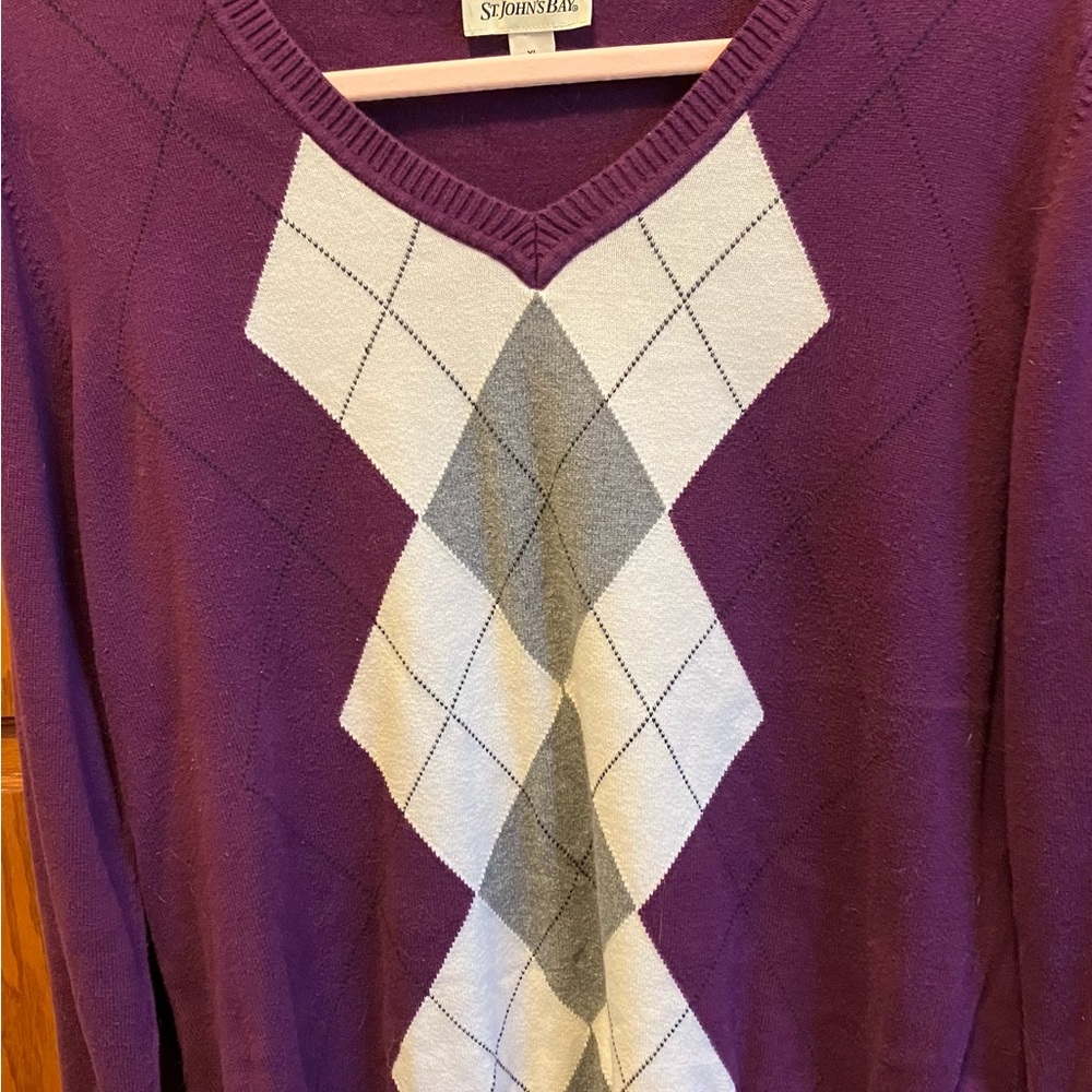 Purple Sweater w/ Argyle Front Saint Johns Bay XL Soft 100% Cotton/Algodon
